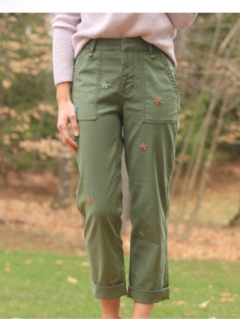 Anthropologie - Olive Green Embroidered Utility Pants Size small